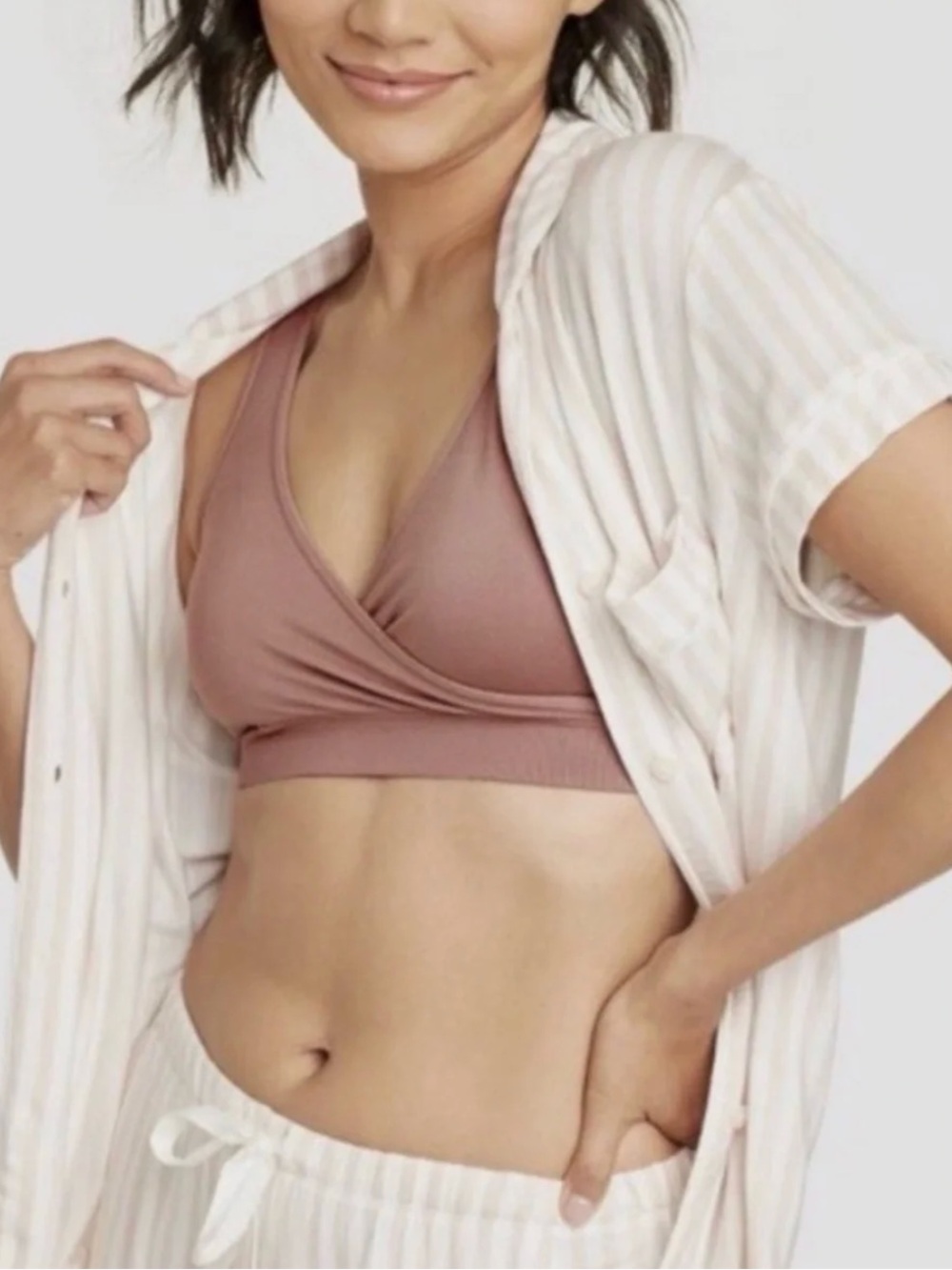 Auden Wrap Front Crop Bralette - Mauve & Cream Brand New